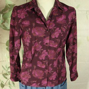 Burgundy Fushia Pink Purple Rose Floral Long Sleeve Cotton Button Up Blouse 10
